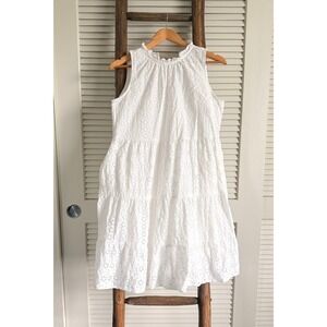 LOFT White Eyelet Dress Sleeveless Tiered Ruffle Neck Casual Summer M